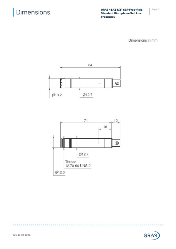 GRAS 46AZ 1/2`` CCP 자유음장 표준 마이크 세트, 저주파수