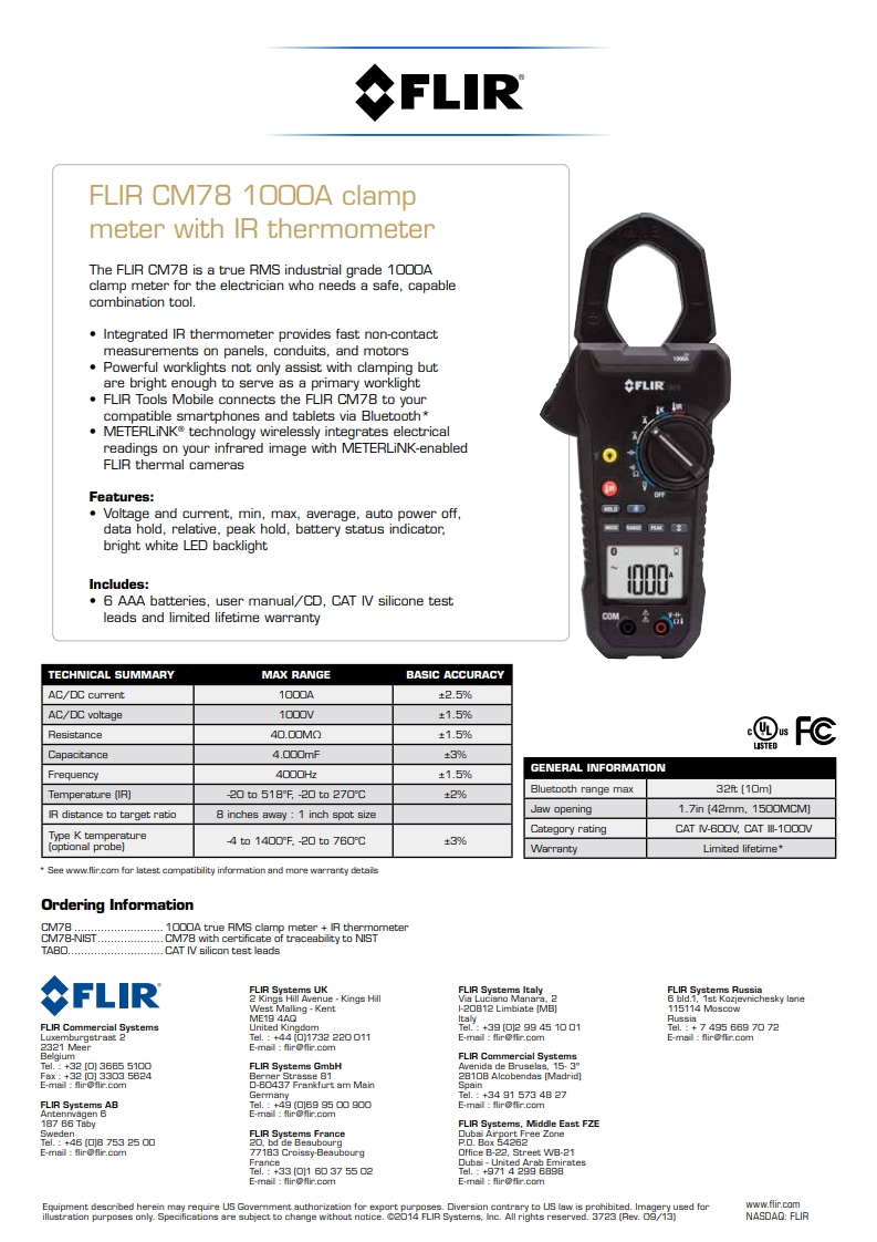 FLIR CM78 적외선 온도계가 장착된 1000 Amp 클램프