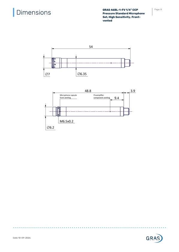 GRAS 46BL-1-FV 1/4인치 CCP 압력형 표준 마이크로폰 세트, 고감도, 전면 통기형