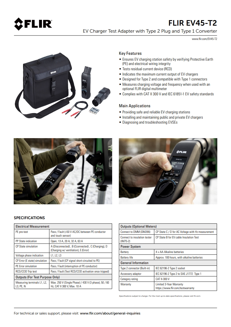 FLIR EV45-T2 Type 2 플러그 및 Type 1 컨버터가 있는 EV 충전기 테스트 어댑터