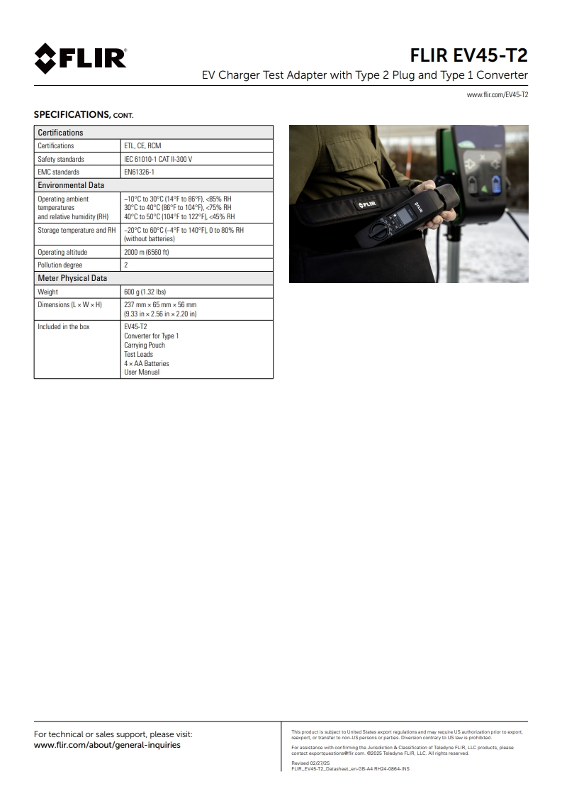 FLIR EV45-T2 Type 2 플러그 및 Type 1 컨버터가 있는 EV 충전기 테스트 어댑터