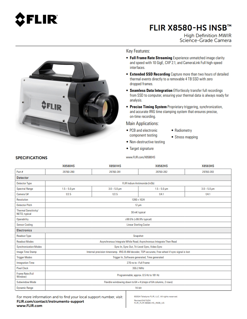 FLIR X8580-HS InSb™ 고화질 MWIR 과학 등급 카메라