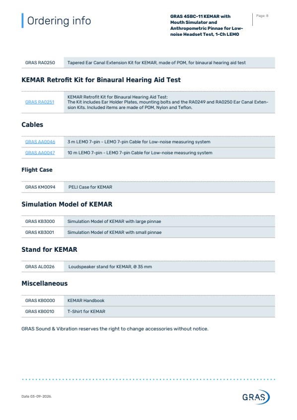 GRAS 45BC-11 저소음 헤드셋 테스트용 구강 시뮬레이터 및 인체공학적 귓바퀴 장착 KEMAR, 1채널 LEMO