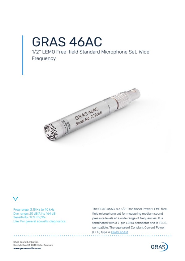 GRAS 46AC 1/2인치 LEMO 자유음장 표준 마이크로폰 세트 (광대역 주파수)