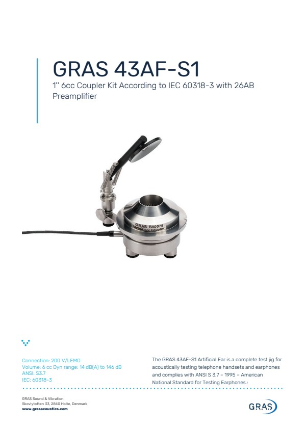 GRAS 43AF-S1 IEC 60318-3 규격에 따른 1인치 6cc 커플러 키트 (26AB 프리앰프 포함)
