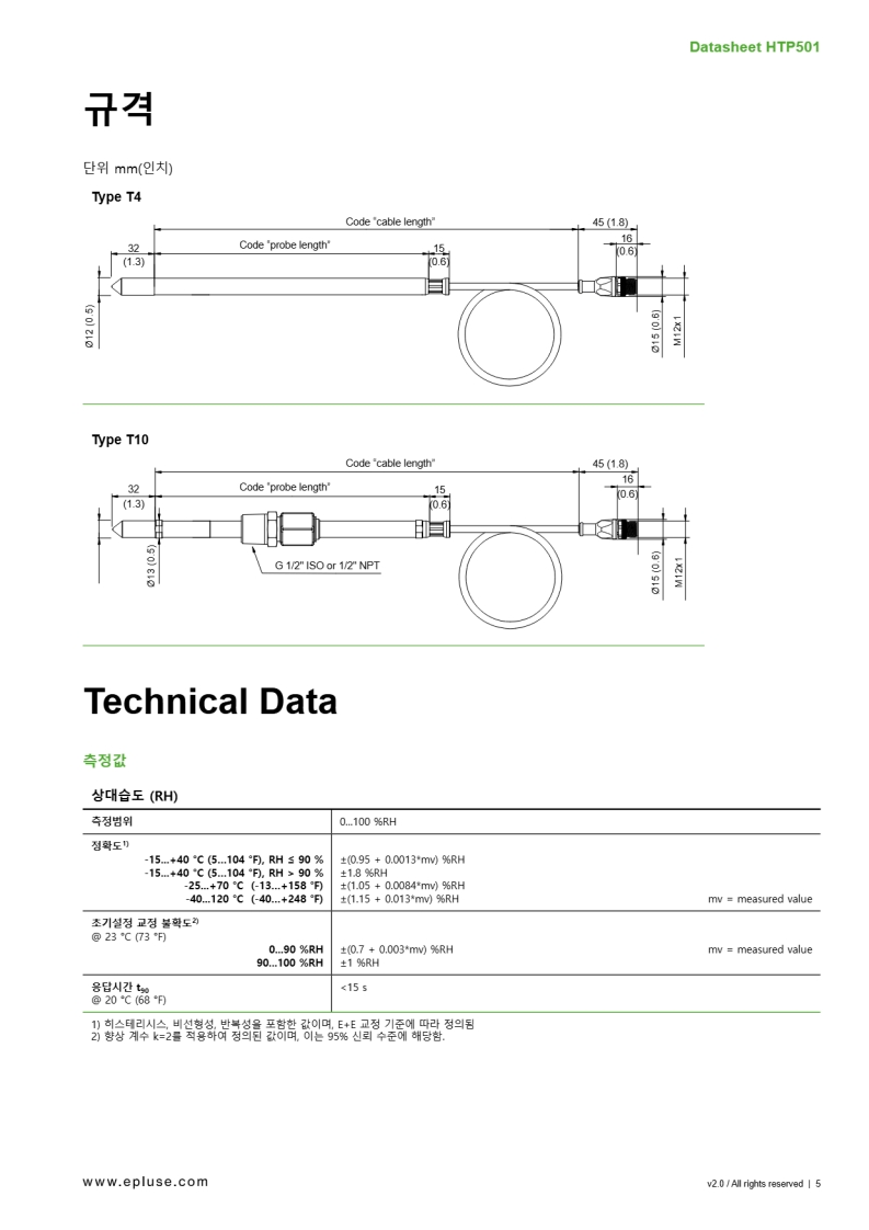E+E HTP501 디지털 습도 및 온도 프로브 최대 120°C