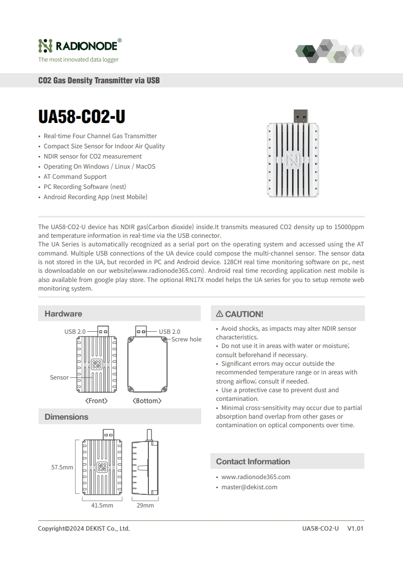 RADIONODE UA58-CO2-U DAQ 이산화탄소 가스 감지 센서