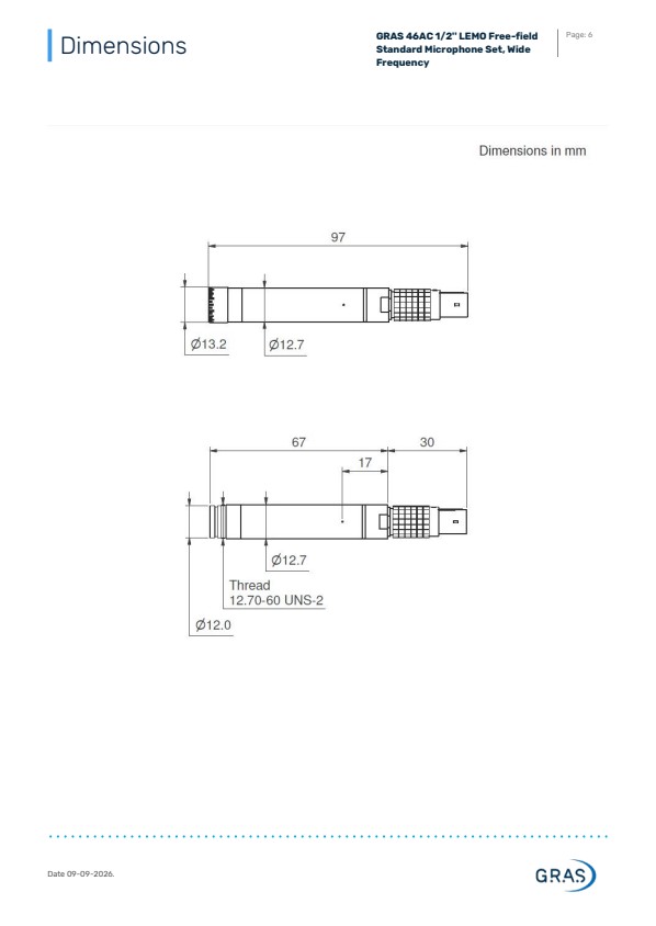 GRAS 46AC 1/2인치 LEMO 자유음장 표준 마이크로폰 세트 (광대역 주파수)