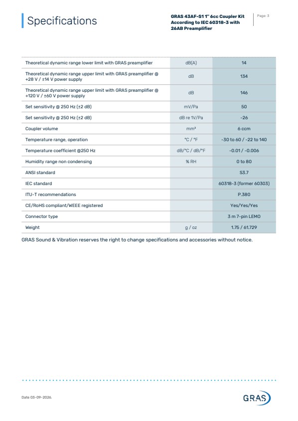 GRAS 43AF-S1 IEC 60318-3 규격에 따른 1인치 6cc 커플러 키트 (26AB 프리앰프 포함)