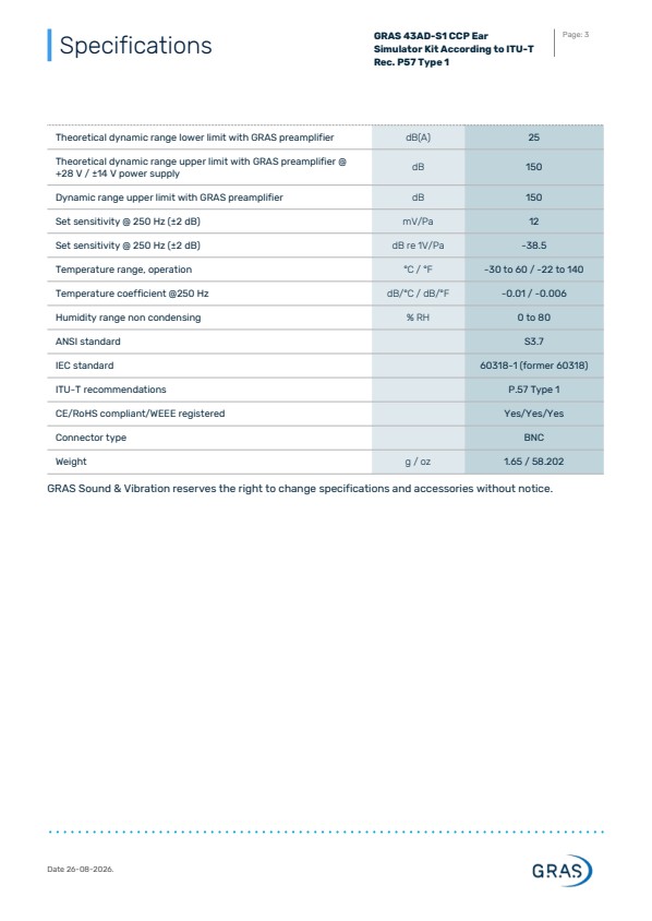 GRAS 43AD-S1 ITU-T 권고 P57 유형 1에 따른 CCP 귀 시뮬레이터 키트