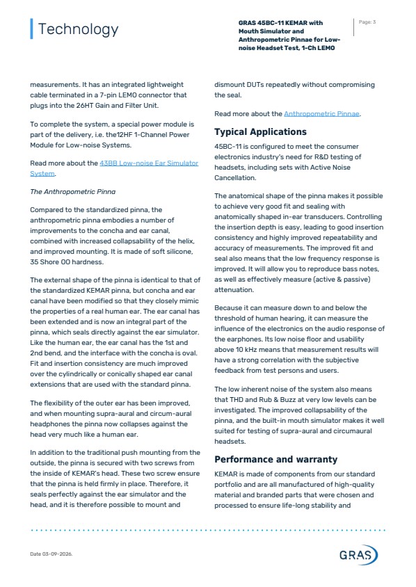 GRAS 45BC-11 저소음 헤드셋 테스트용 구강 시뮬레이터 및 인체공학적 귓바퀴 장착 KEMAR, 1채널 LEMO