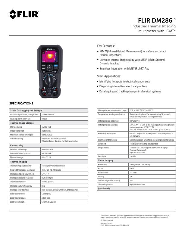 FLIR DM286 IGM™ 기술이 적용된 산업용 열화상 멀티미터
