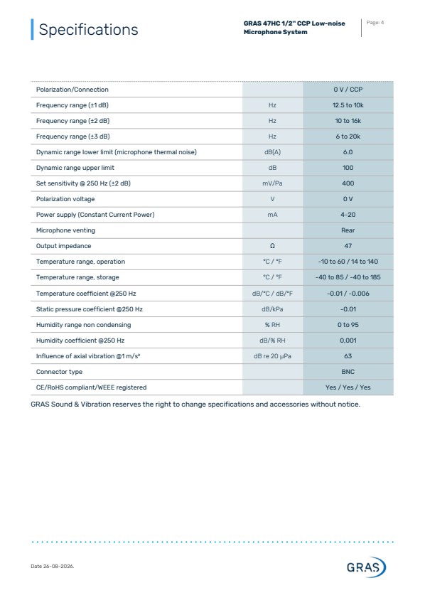 GRAS 47HC 1/2인치 CCP 저소음 마이크 시스템