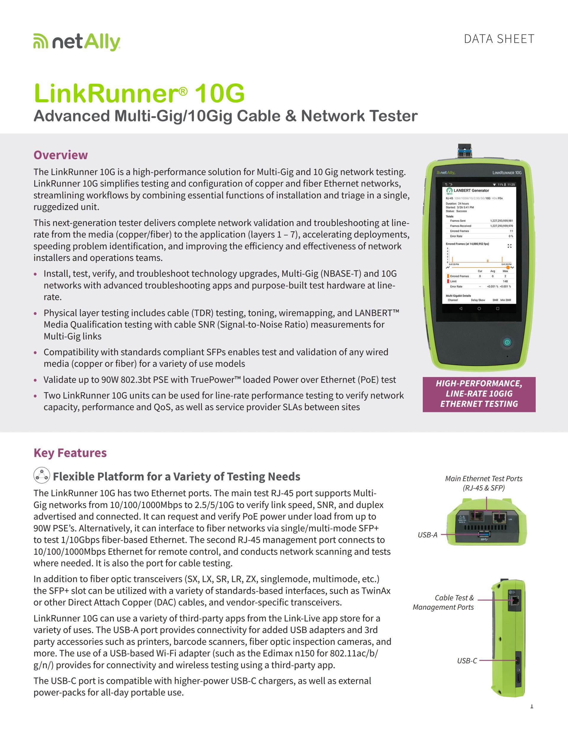 NETALLY LinkRunner® 10G 고급 멀티기가 / 10기가 케이블 및 네트워크 테스터