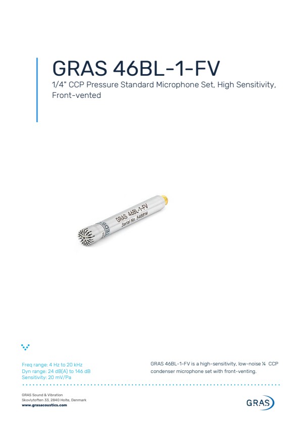 GRAS 46BL-1-FV 1/4인치 CCP 압력형 표준 마이크로폰 세트, 고감도, 전면 통기형