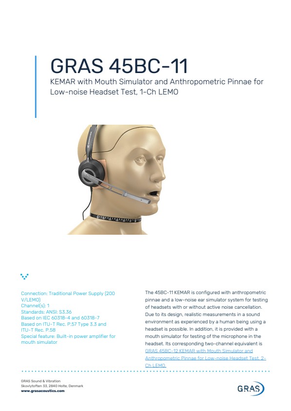 GRAS 45BC-11 저소음 헤드셋 테스트용 구강 시뮬레이터 및 인체공학적 귓바퀴 장착 KEMAR, 1채널 LEMO