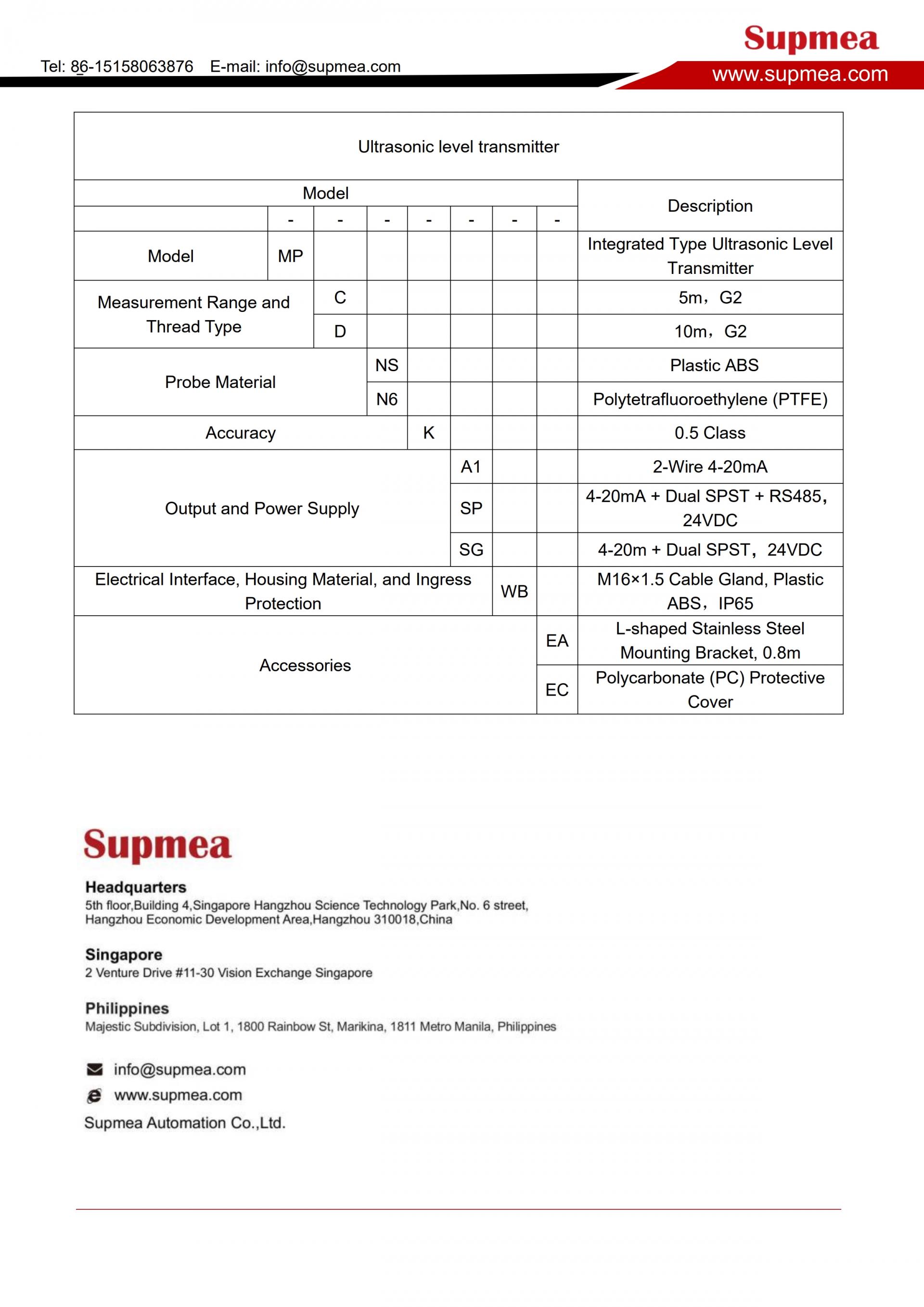 SUPMEA SUP-MP 초음파 레벨 트랜스미터