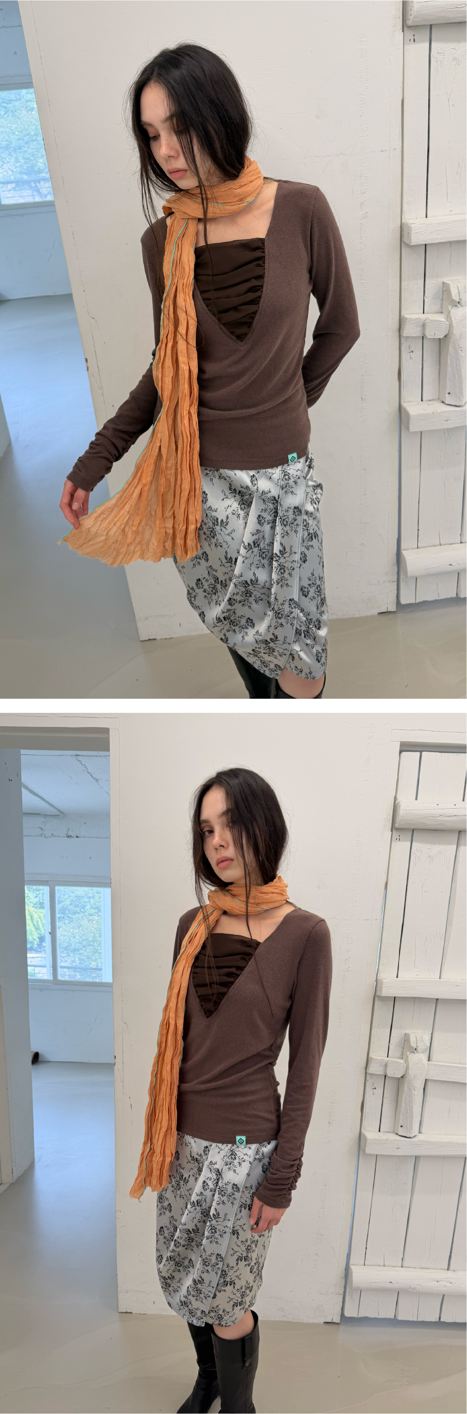 MINT EDGE CHECK CRINKLE LONG SCARF / orange