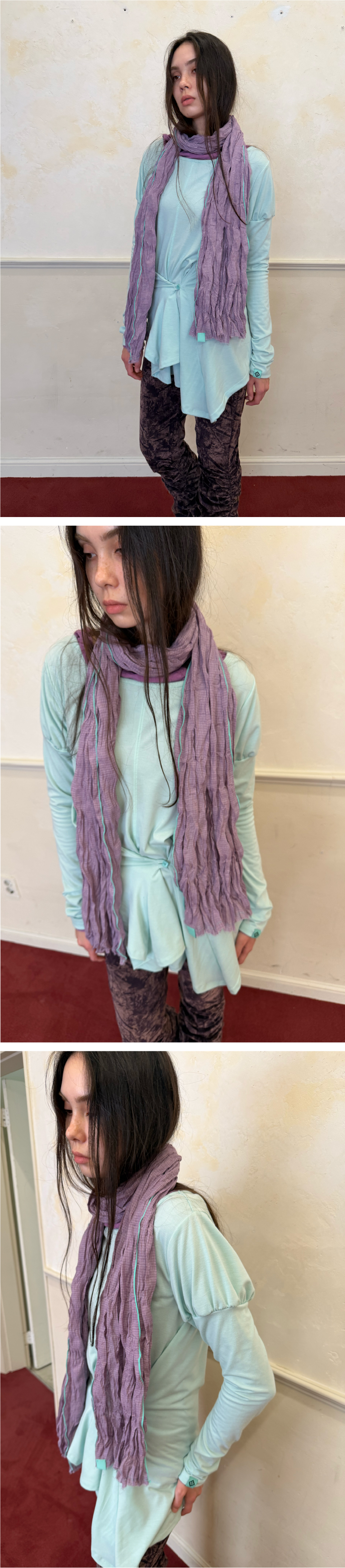 MINT EDGE CHECK CRINKLE LONG SCARF / purple