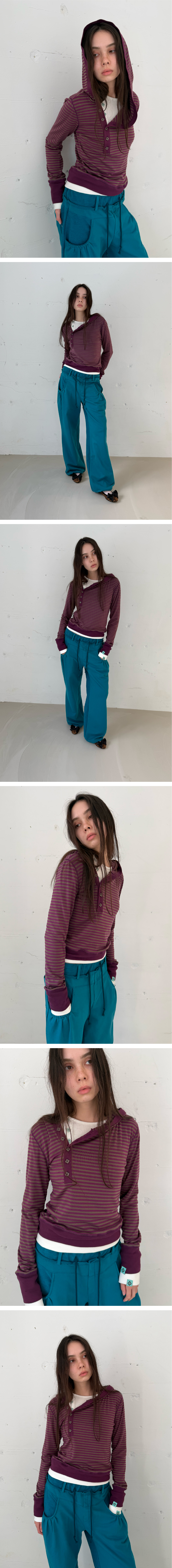 BUTTON STRIPE ASYM HOODED T-SHIRT / plum