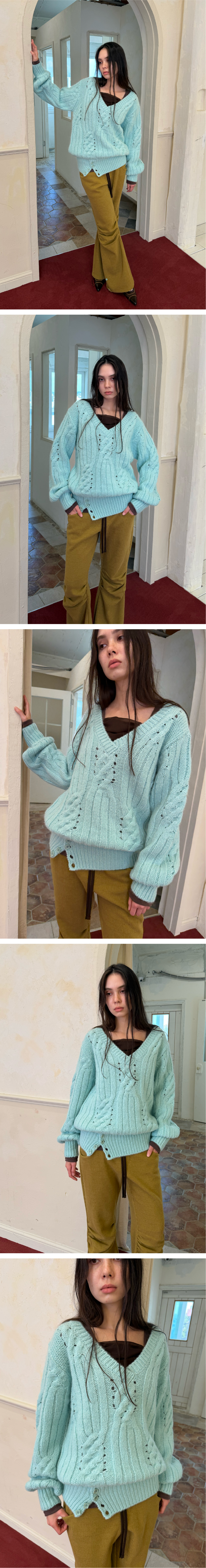 BUTTON WOOL OPENWORK CABLE V-NECK KNIT / mint