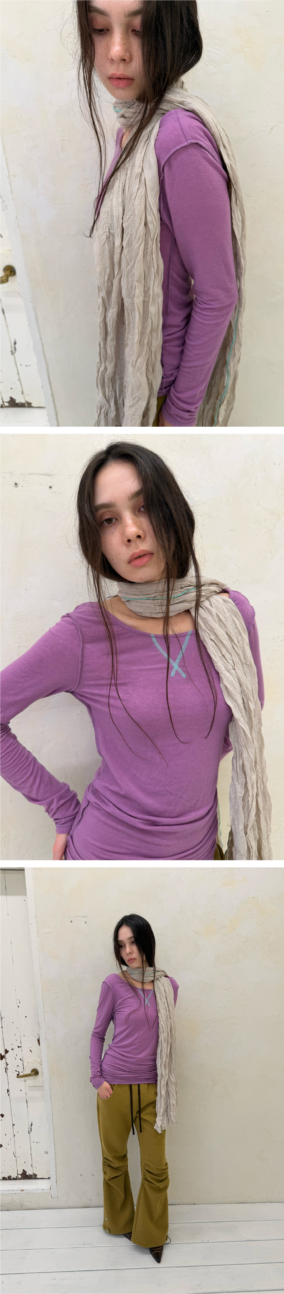 MINT EDGE CHECK CRINKLE LONG SCARF / beige