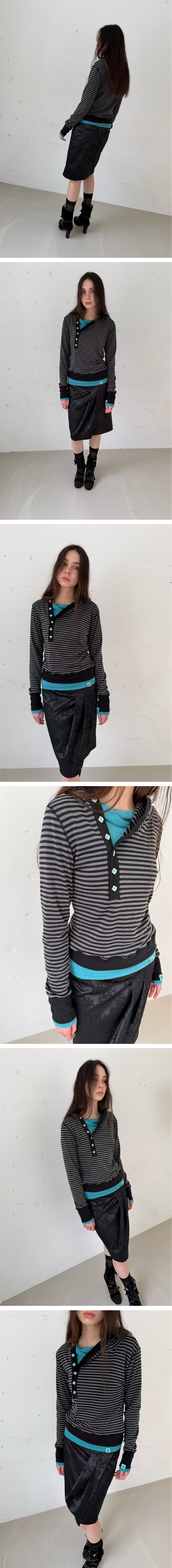 BUTTON STRIPE ASYM HOODED T-SHIRT / black