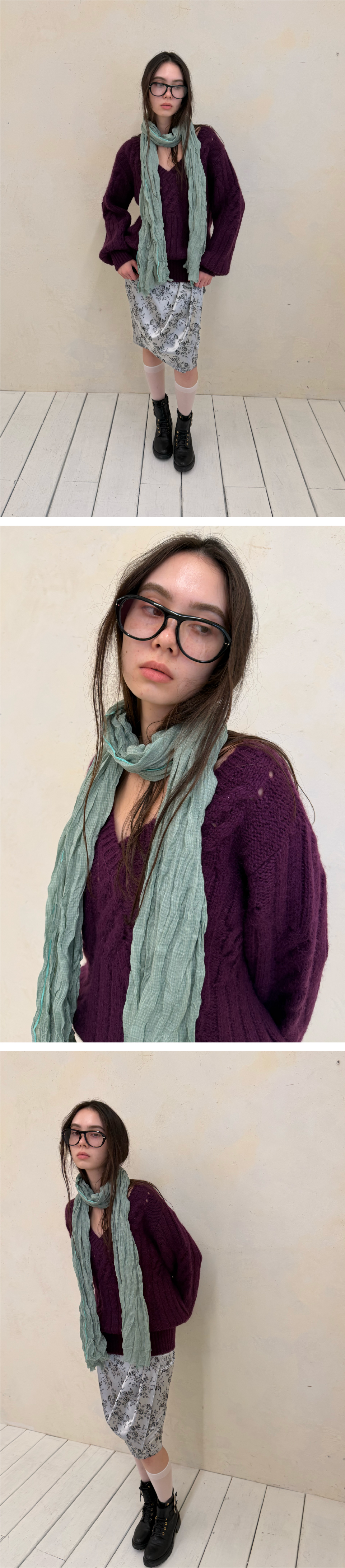 MINT EDGE CHECK CRINKLE LONG SCARF / green
