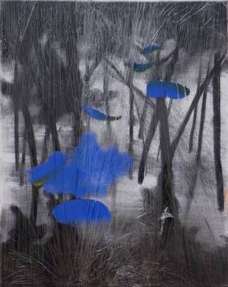 A painting of a forest with blue and green spots Description automatically generated with medium confidence