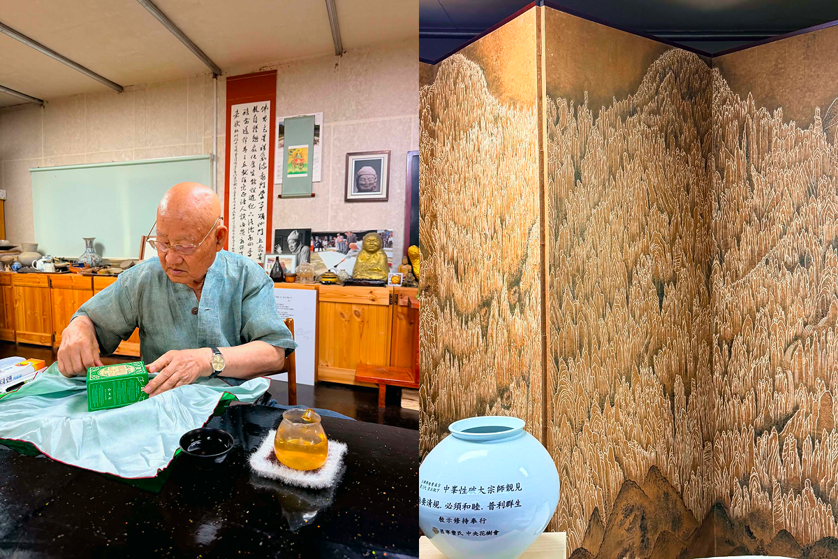 Serene tea session between Master Seongpa and CEO Park Hyun-jung sharing a moment of harmony