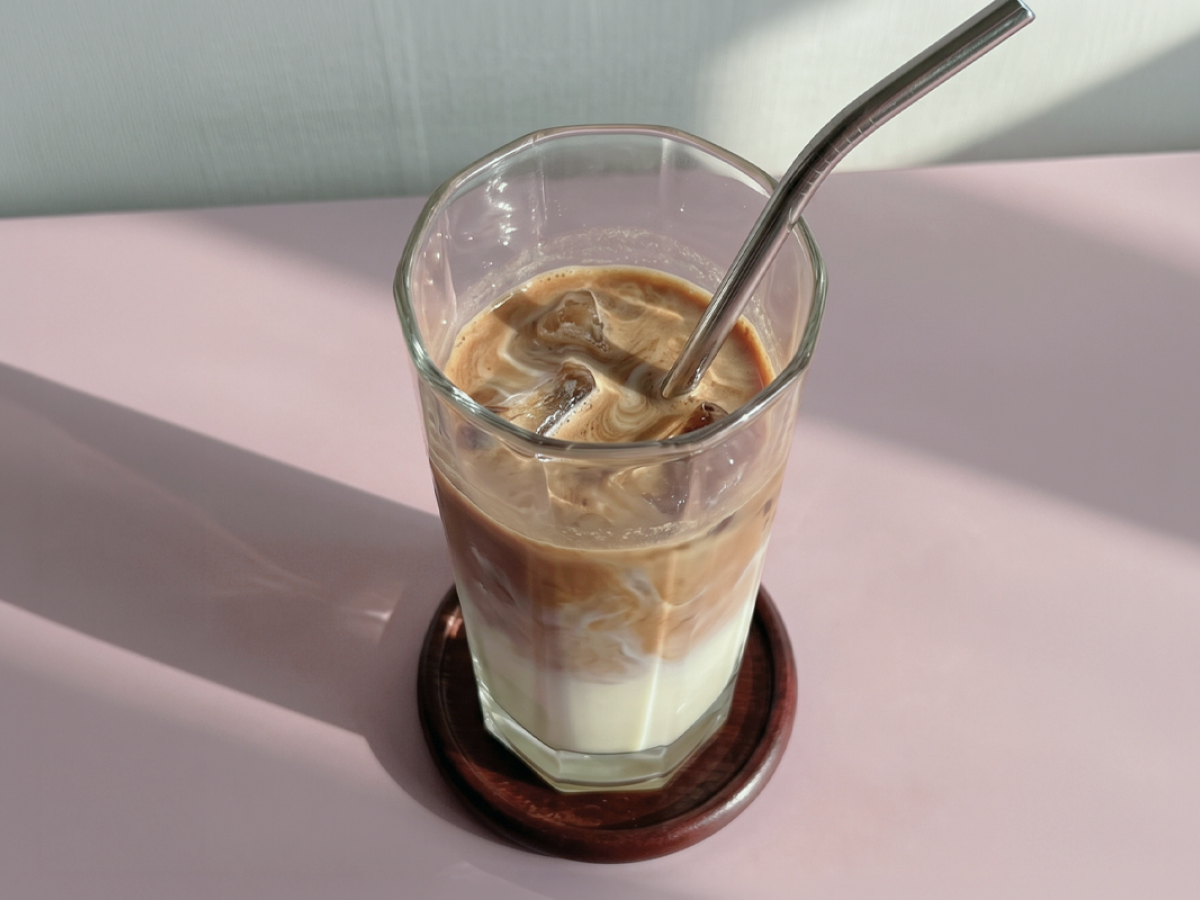 Hong Kong style hojicha condensed milk latte with 3 distinct layers
