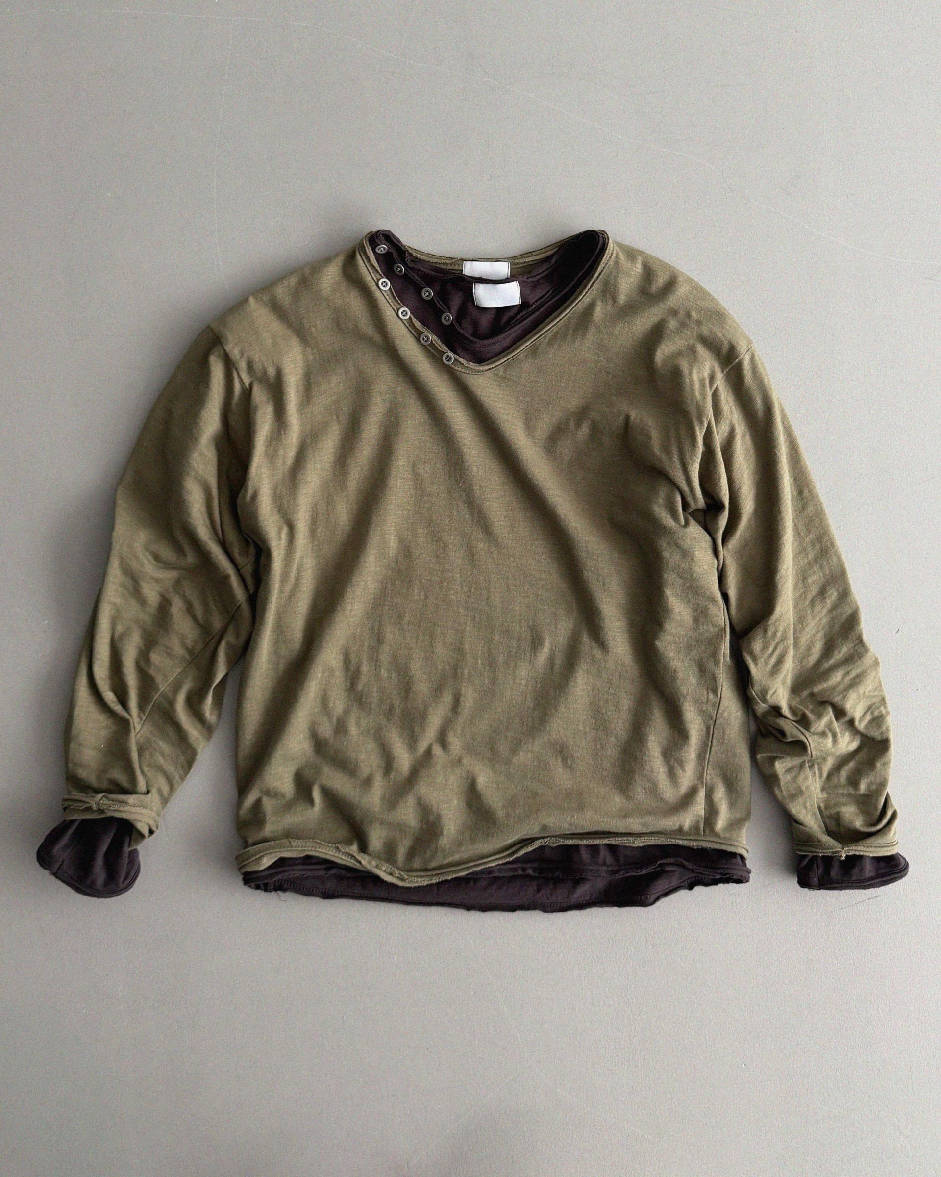 Button v-neck slub cutting crop t
