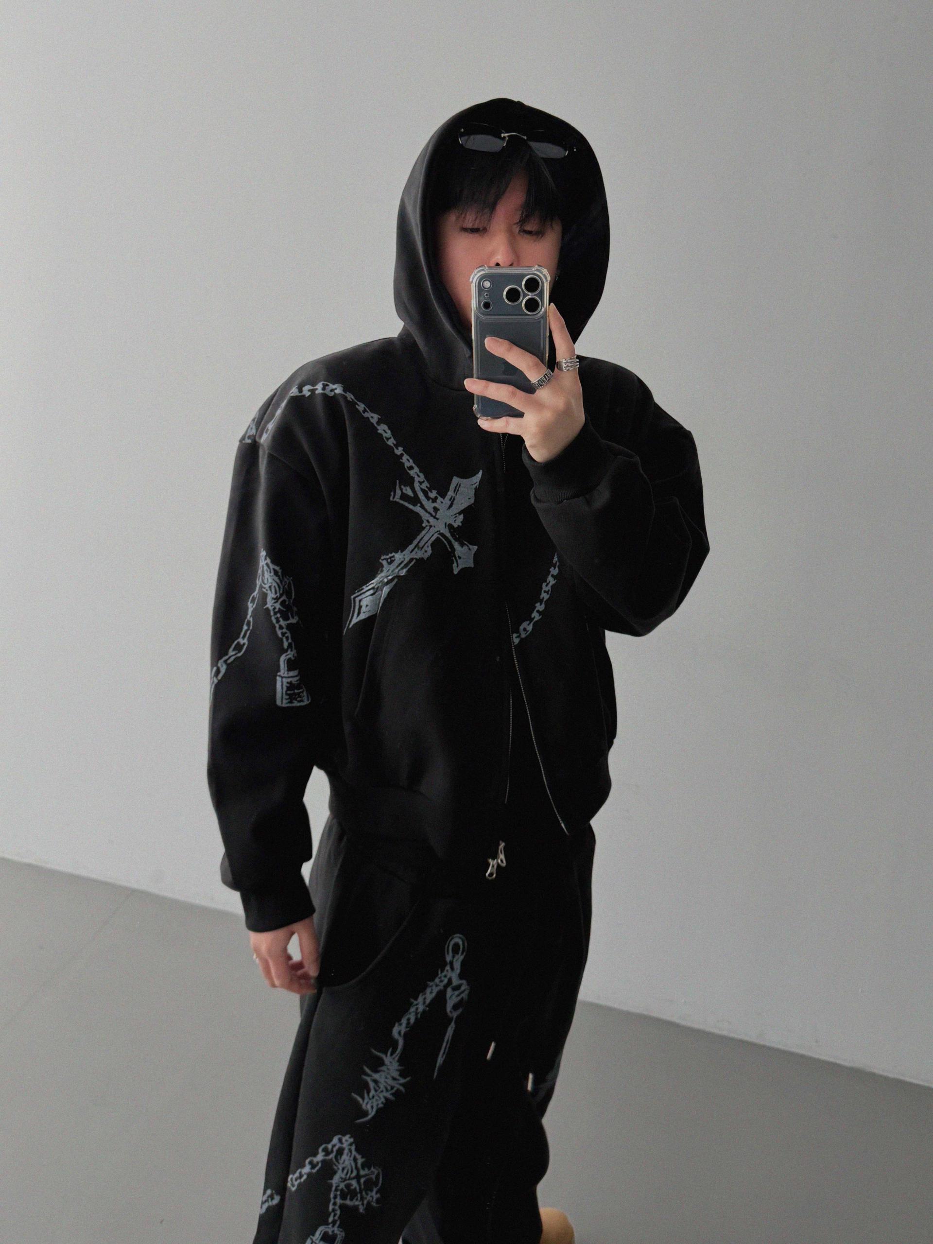 Keyring printed crop hood zip-up