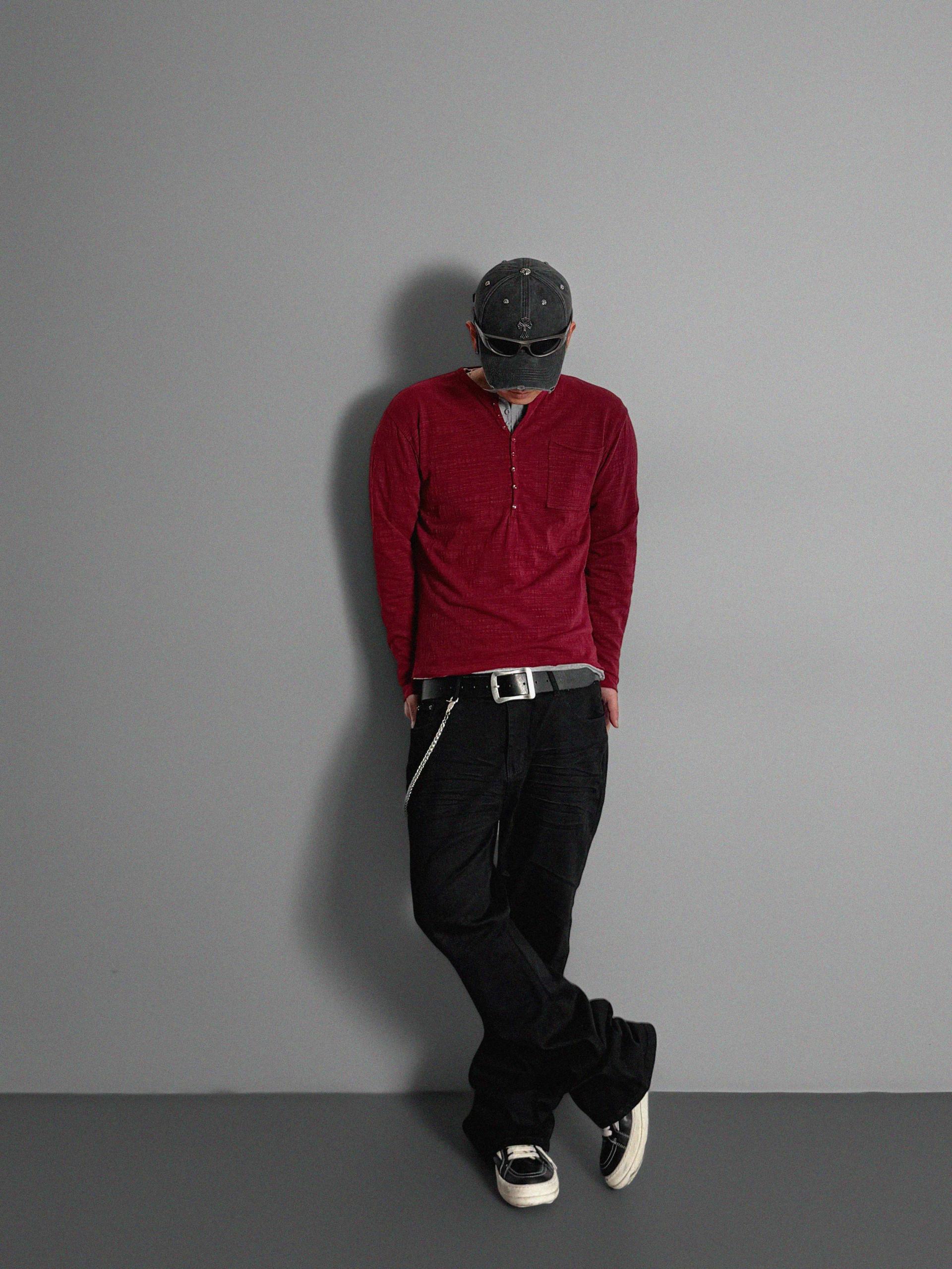 Button slub henley neck slim t