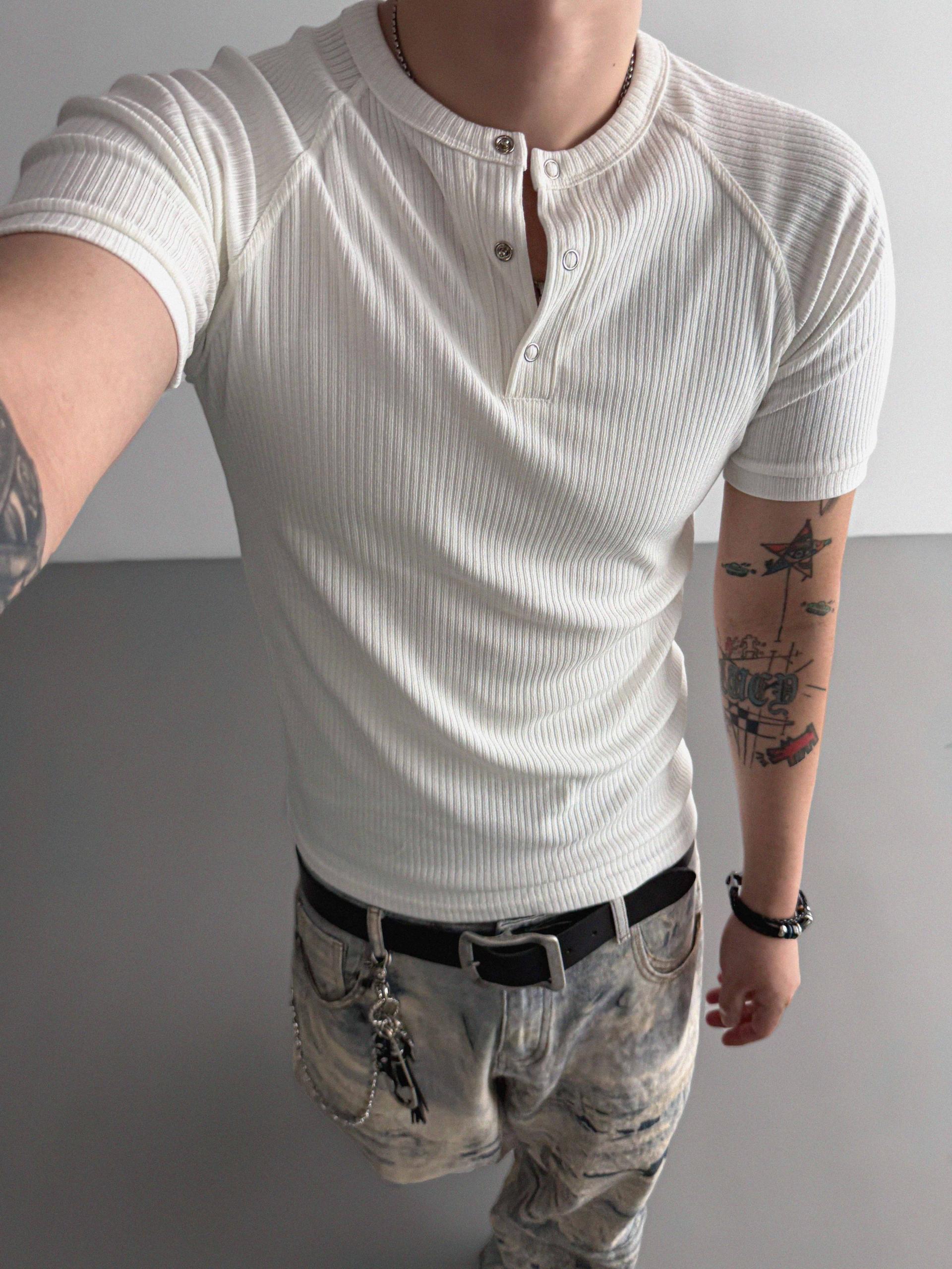 Fold ribbed henley neck muscle half t