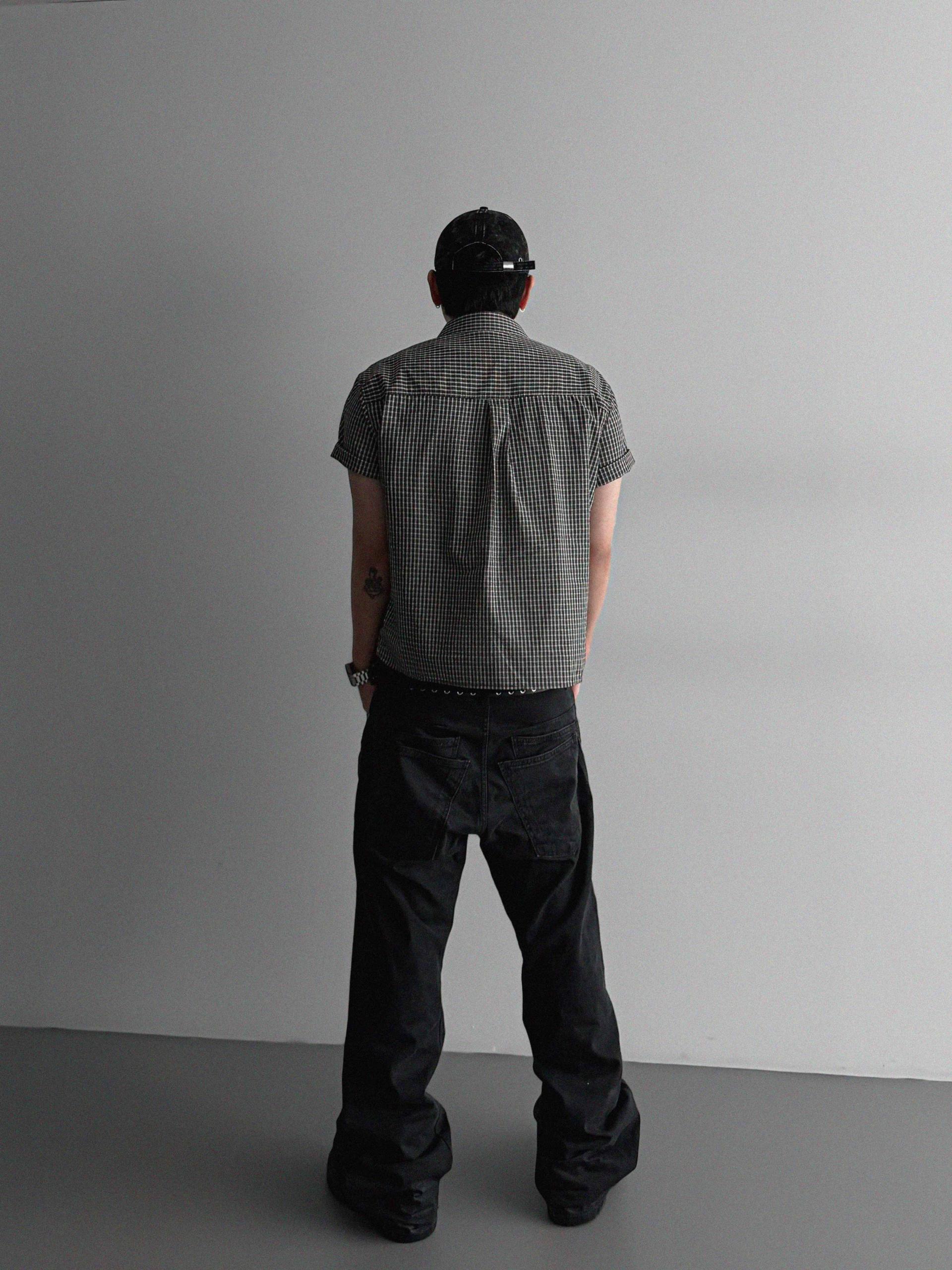 Grid check crop half shirt