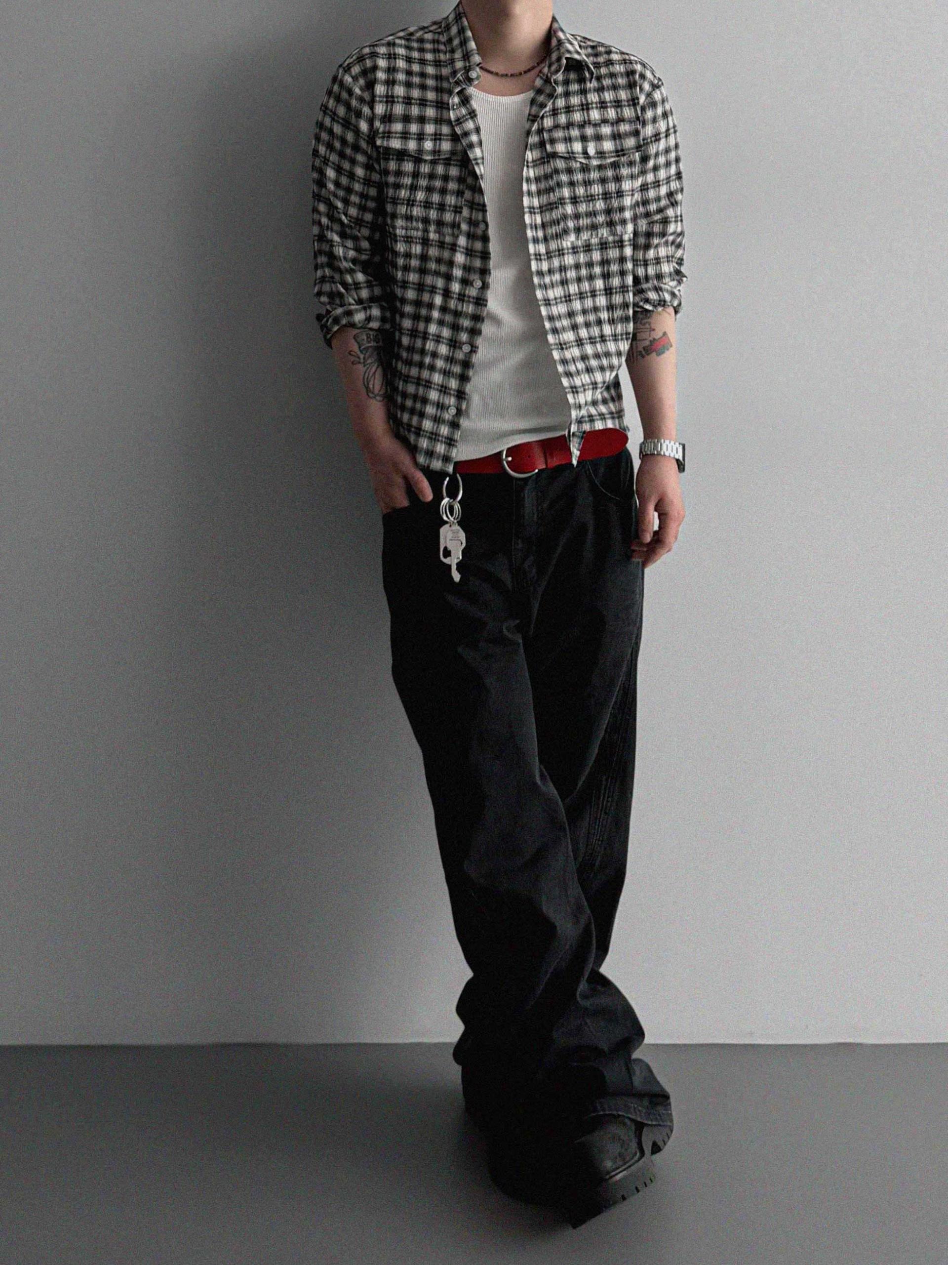 Linen two pocket crop check shirt