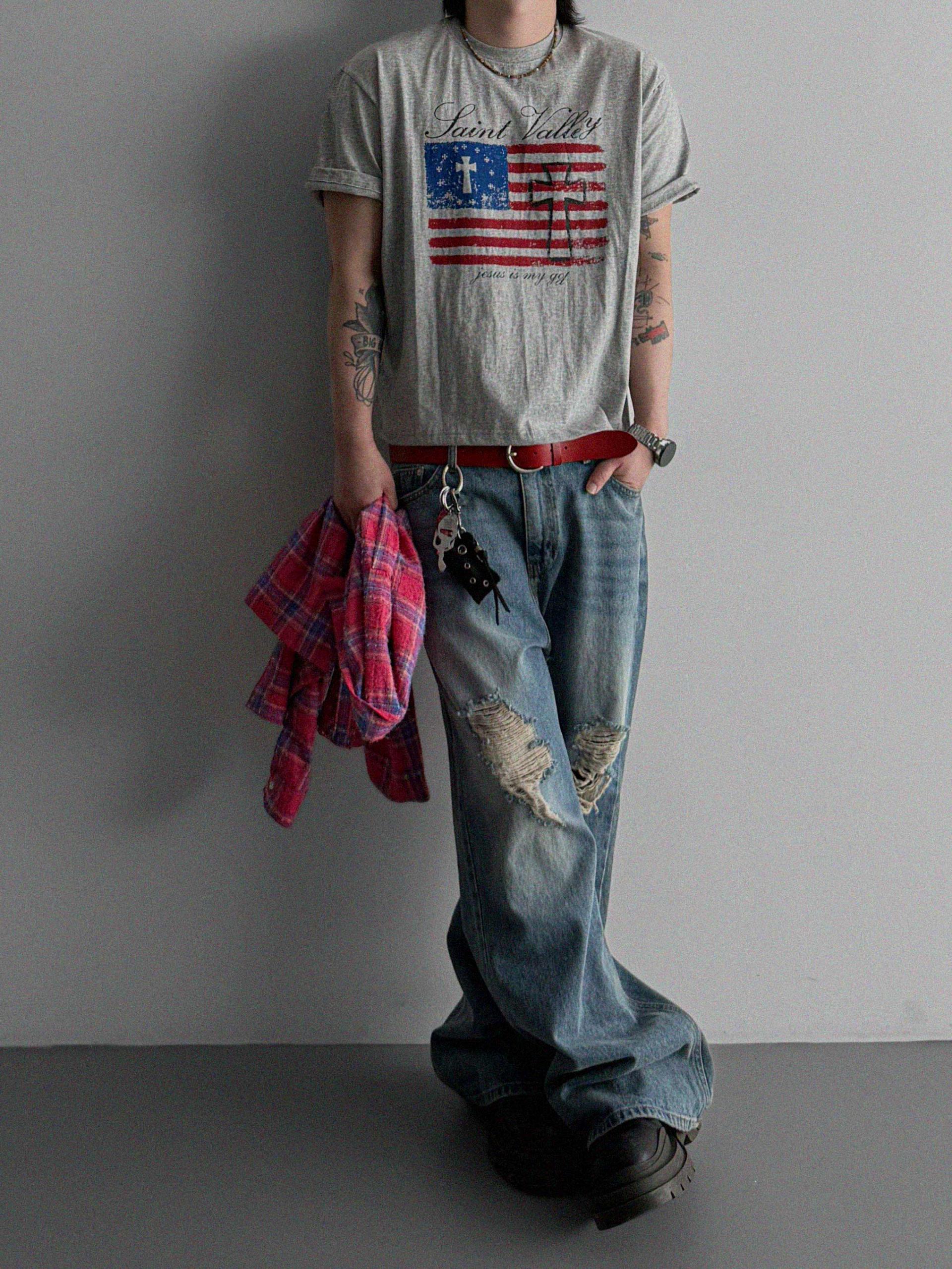Cross and Stripes crop half t