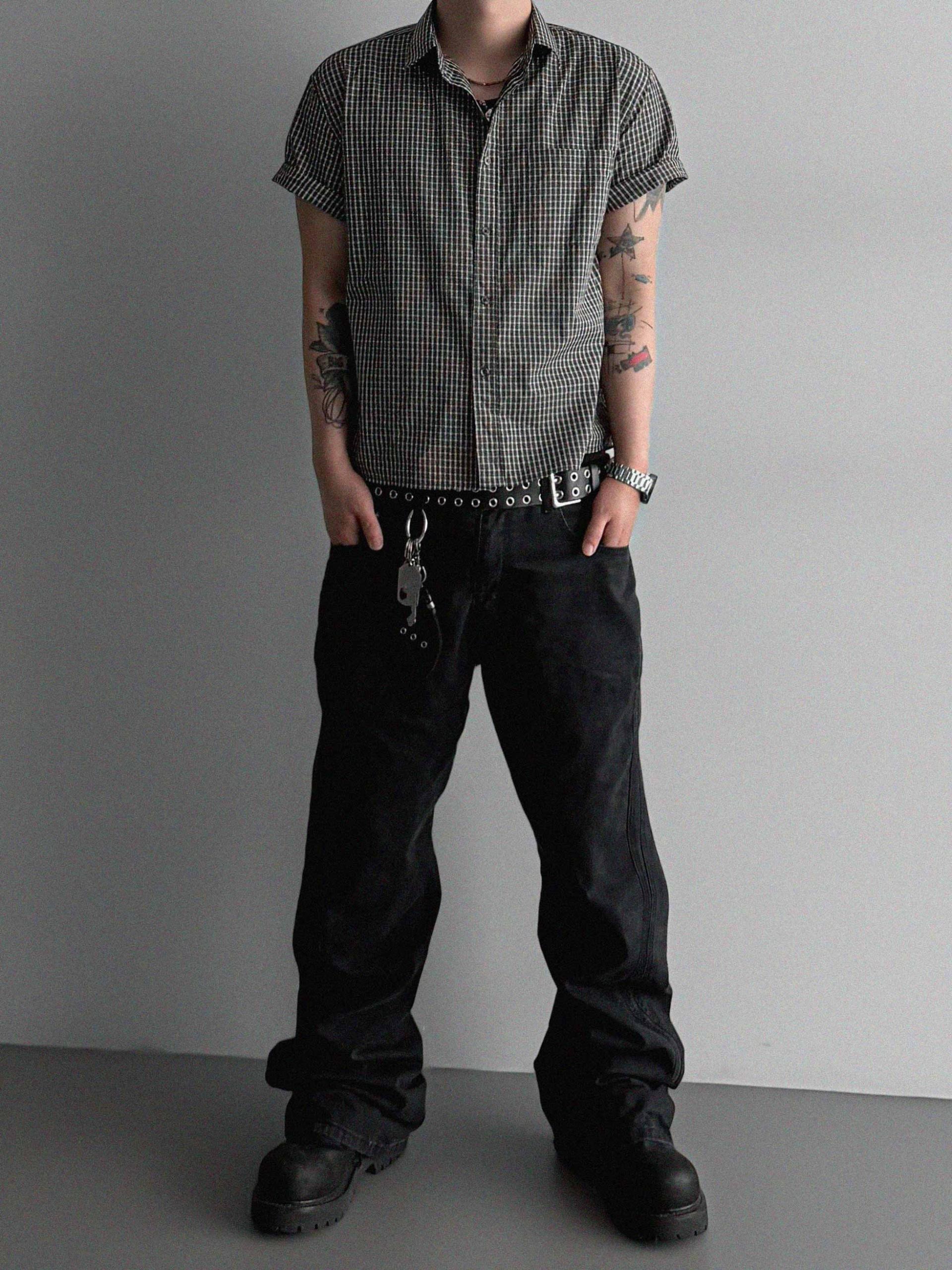 Grid check crop half shirt