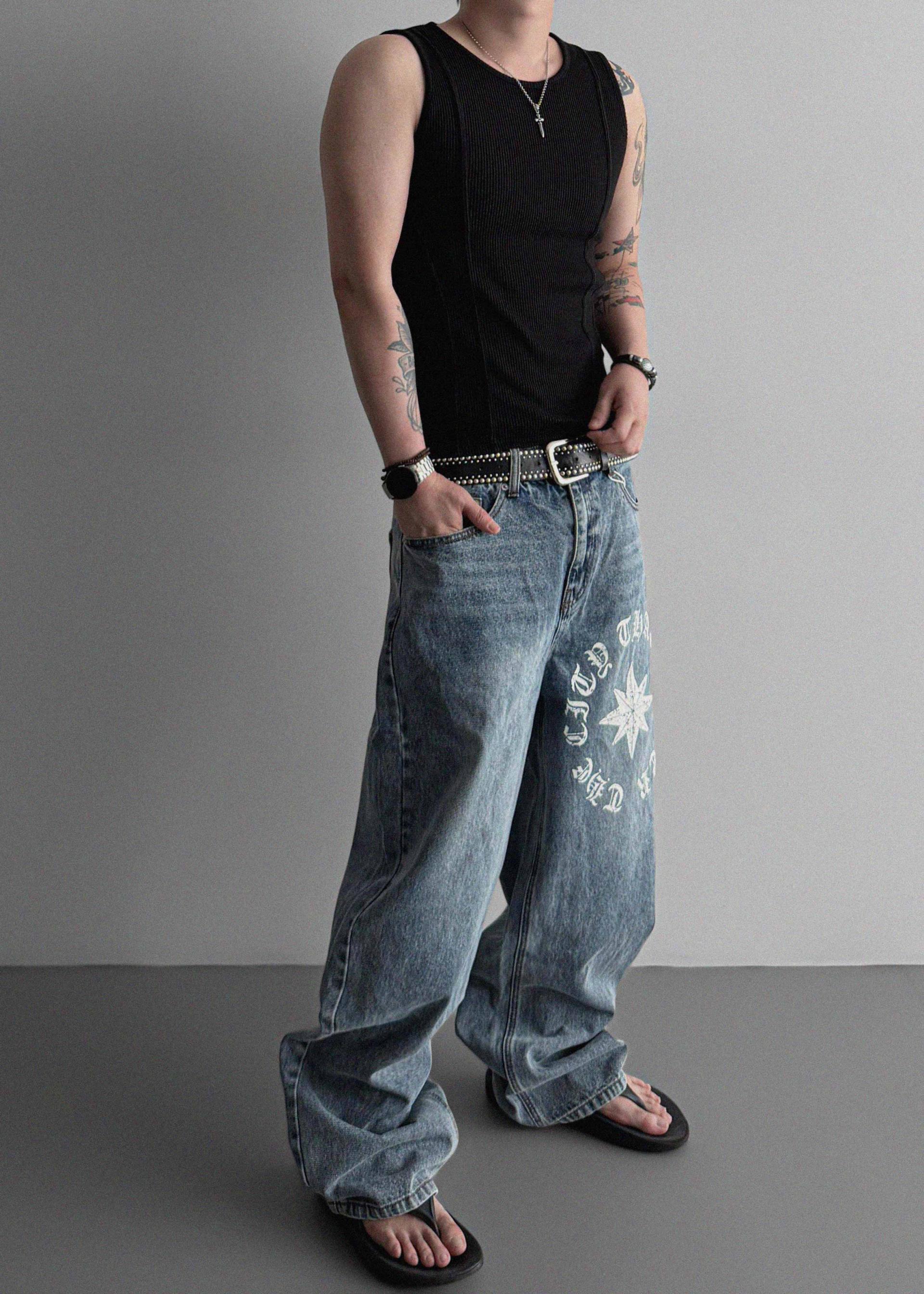 Star lettering curved denim pants