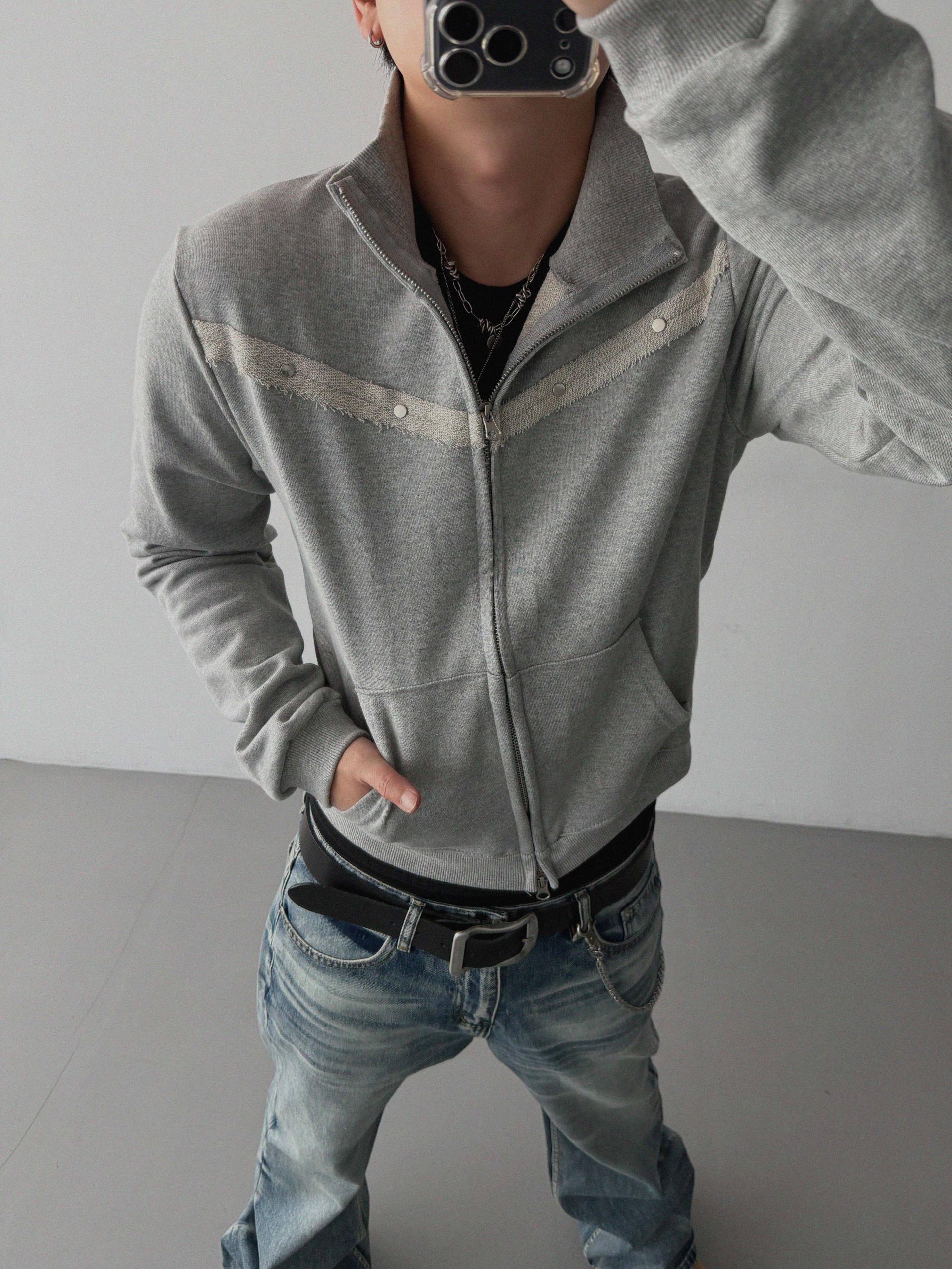 Fringe rivet slim high neck zip-up