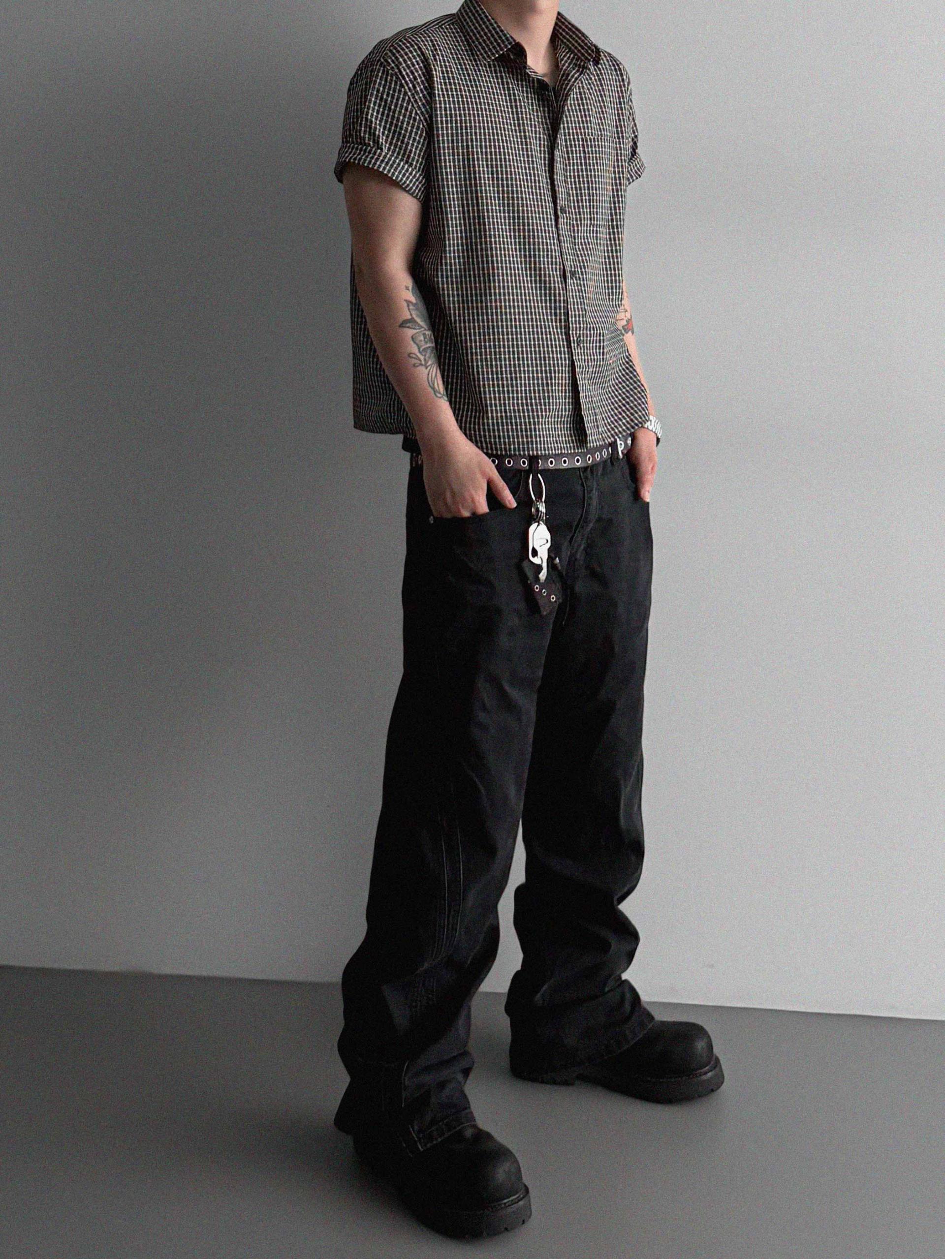 Grid check crop half shirt