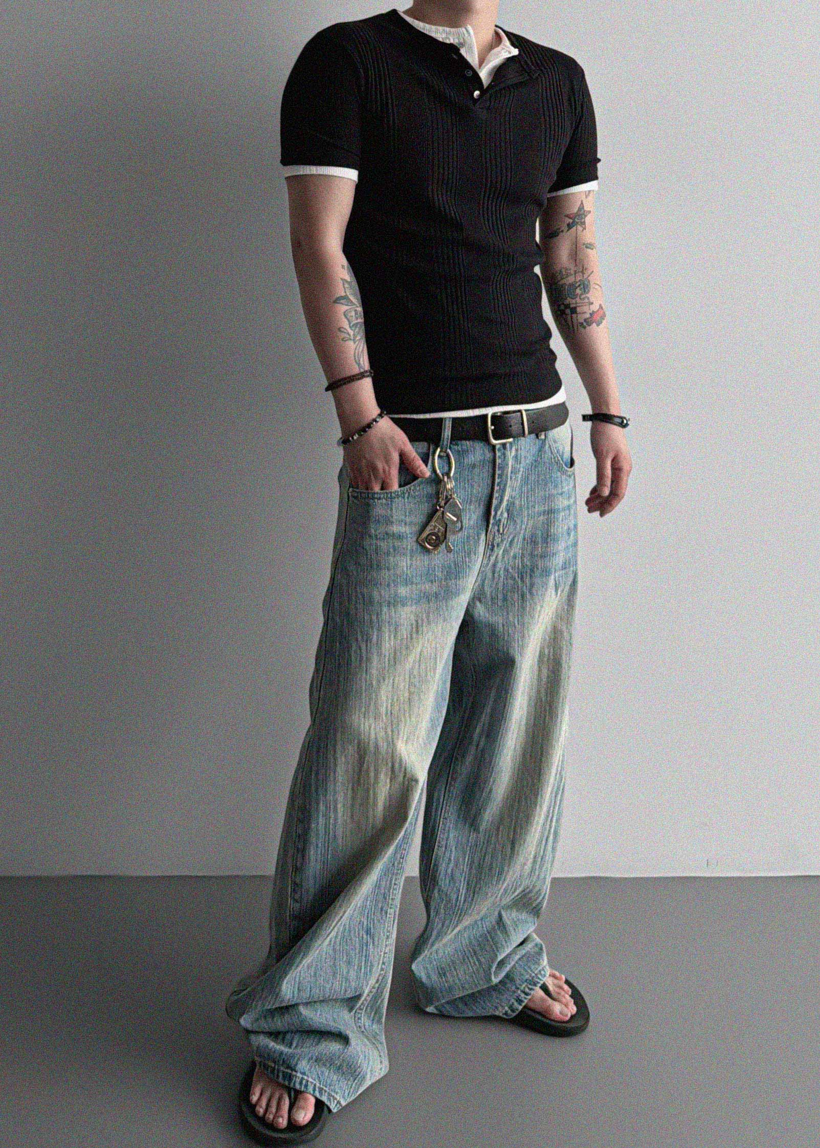 Terrace henley ceck slim half T