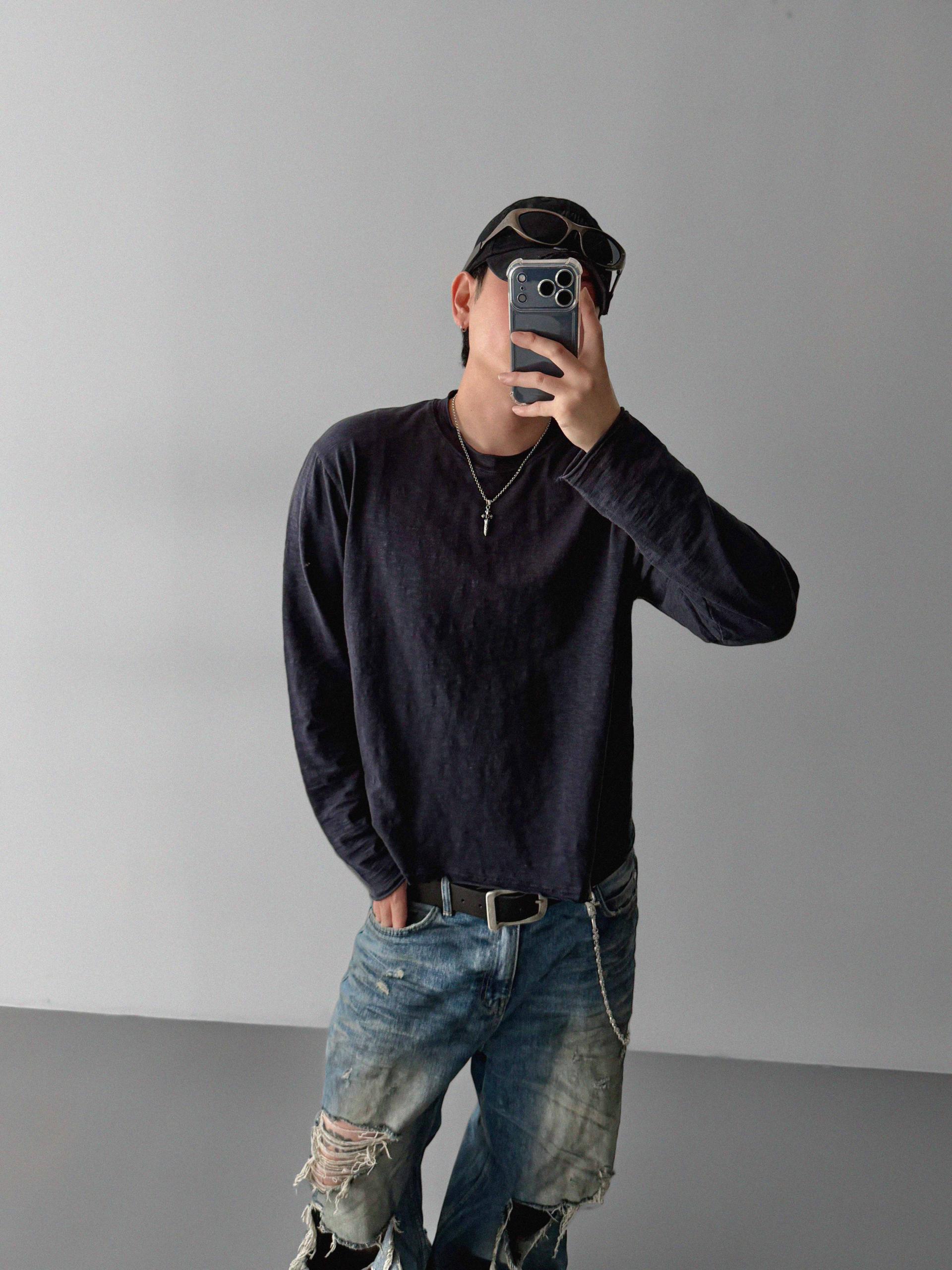 Slub cuting crop long sleeve t