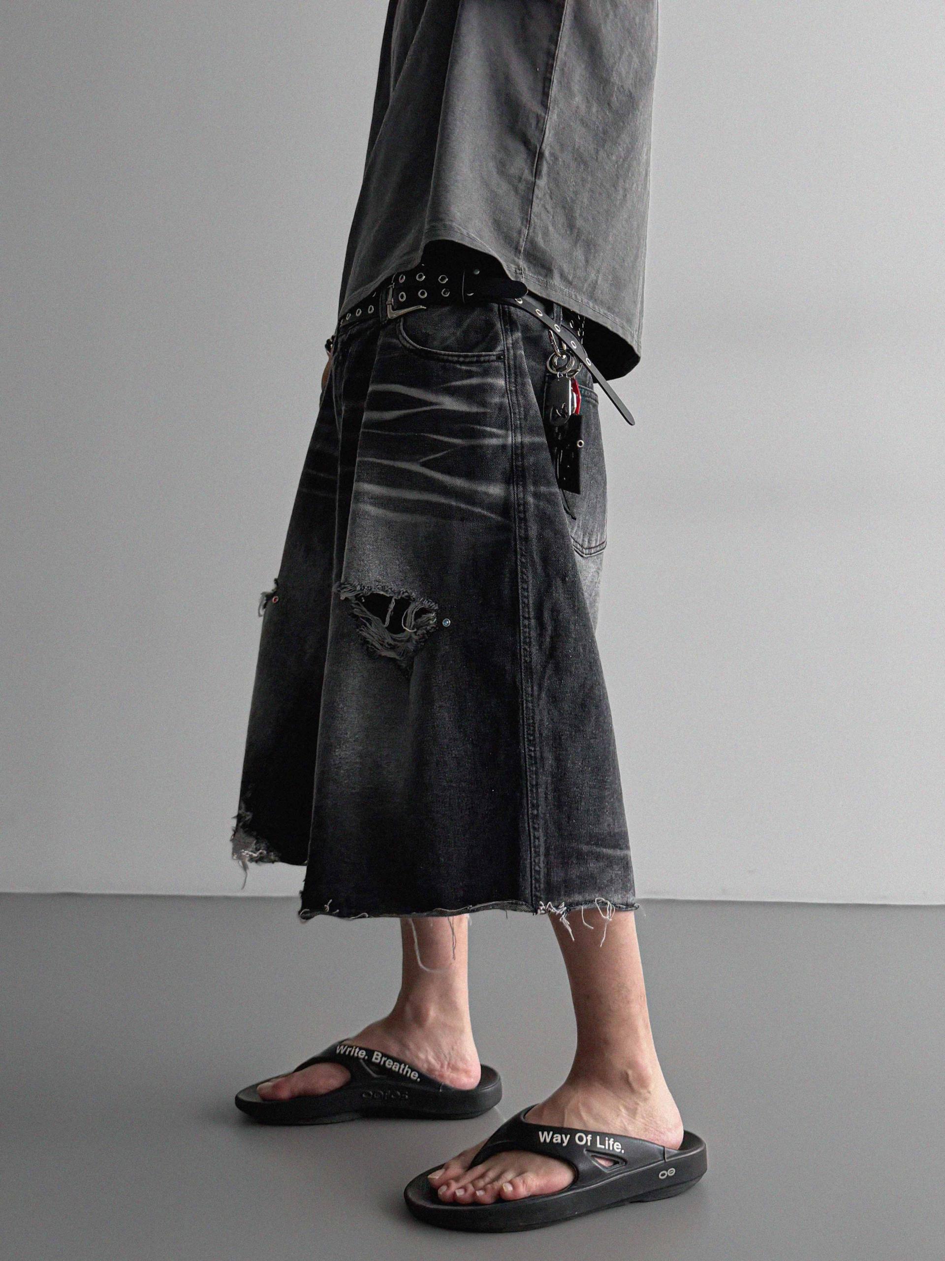 Cubic vintage denim bermuda pants