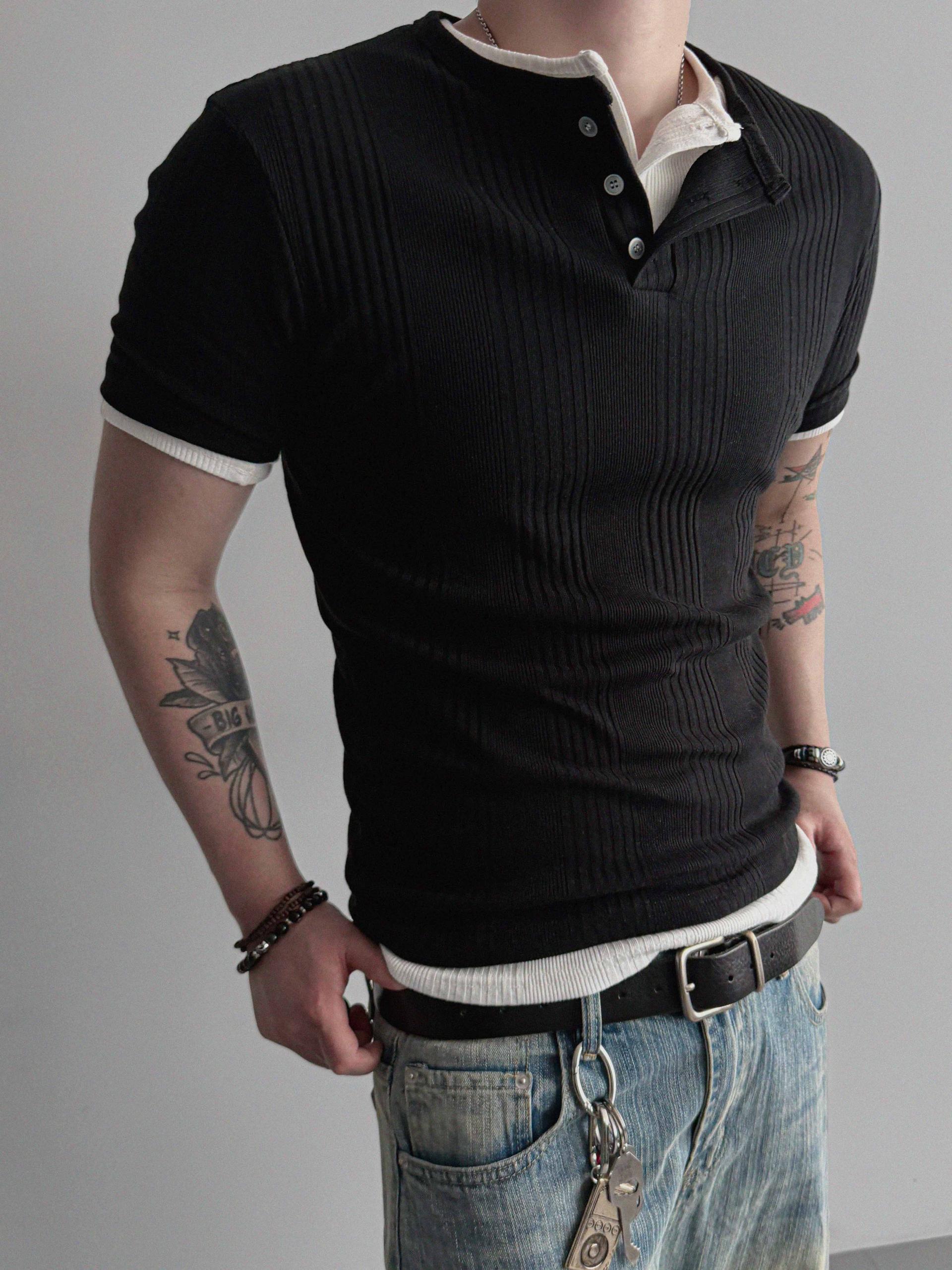 Terrace henley ceck slim half T