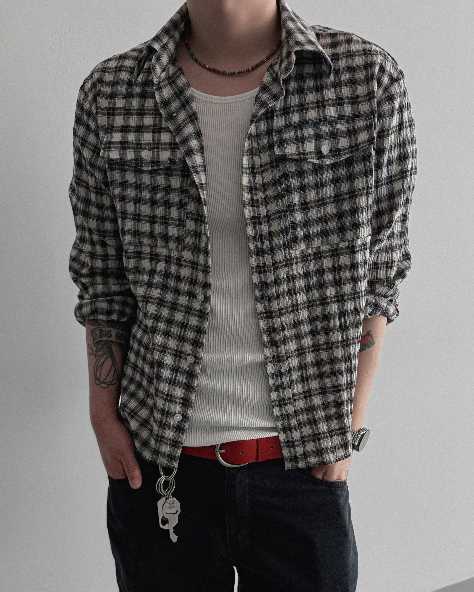 Linen two pocket crop check shirt