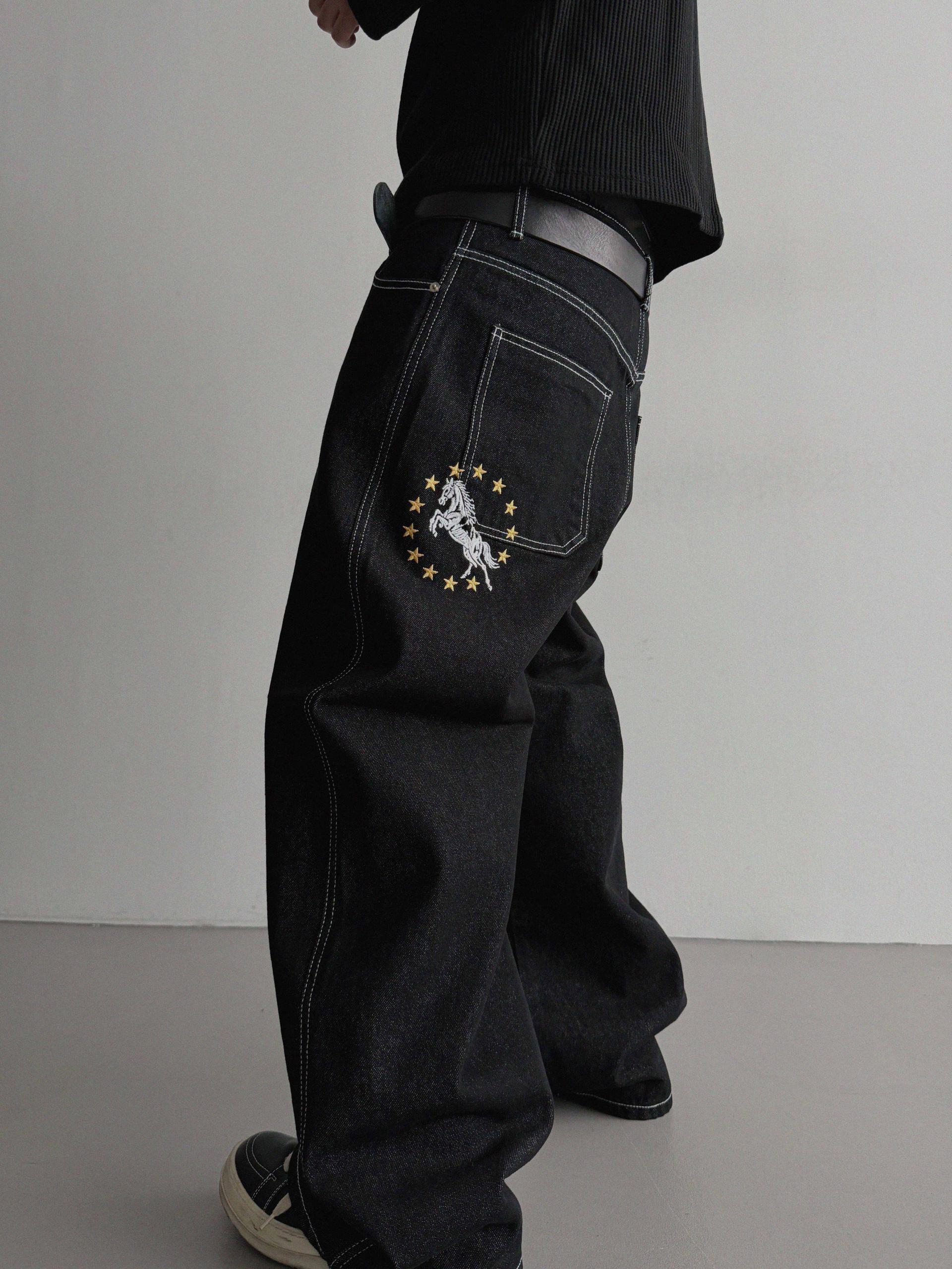 Horse non-fade embroidered denim pants