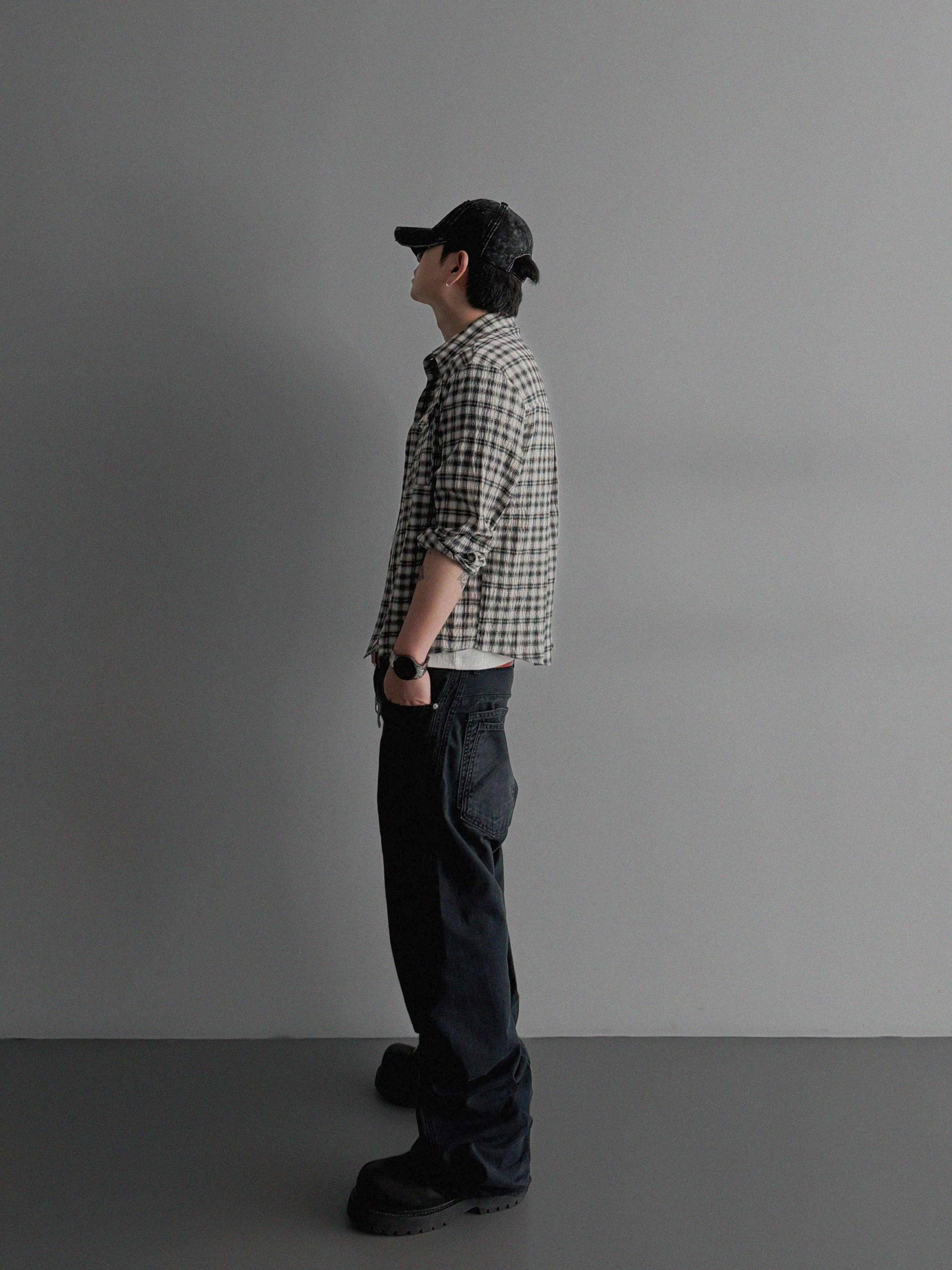 Linen two pocket crop check shirt