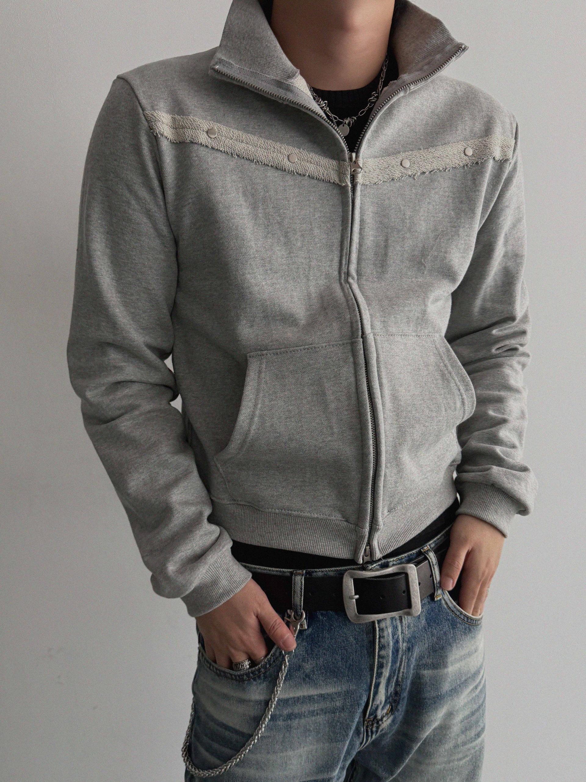 Fringe rivet slim high neck zip-up